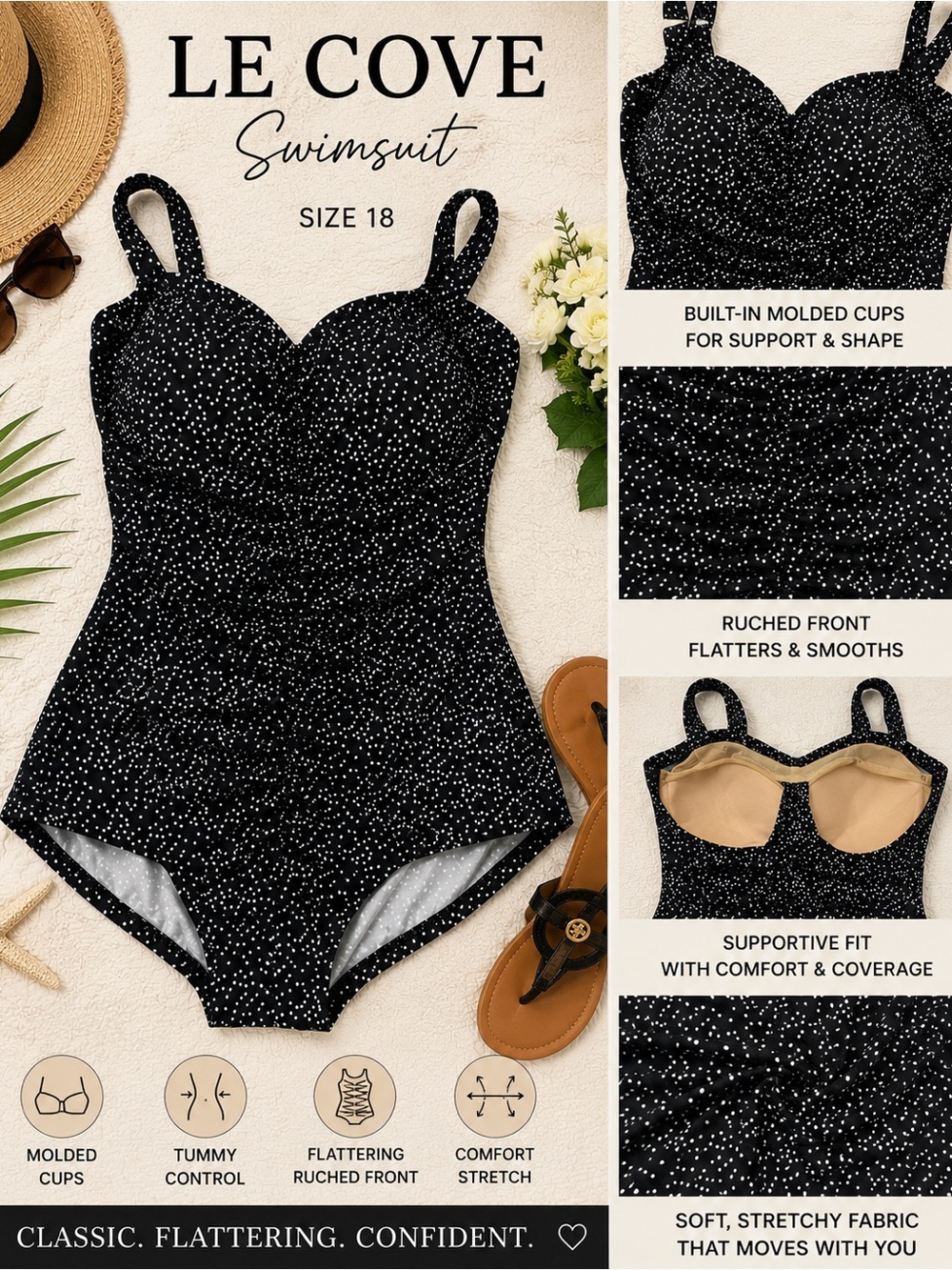 Cove Black Polka Dot One-Piece Swimsuit size 18